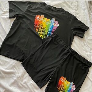 carebear pajama shirt and short set.